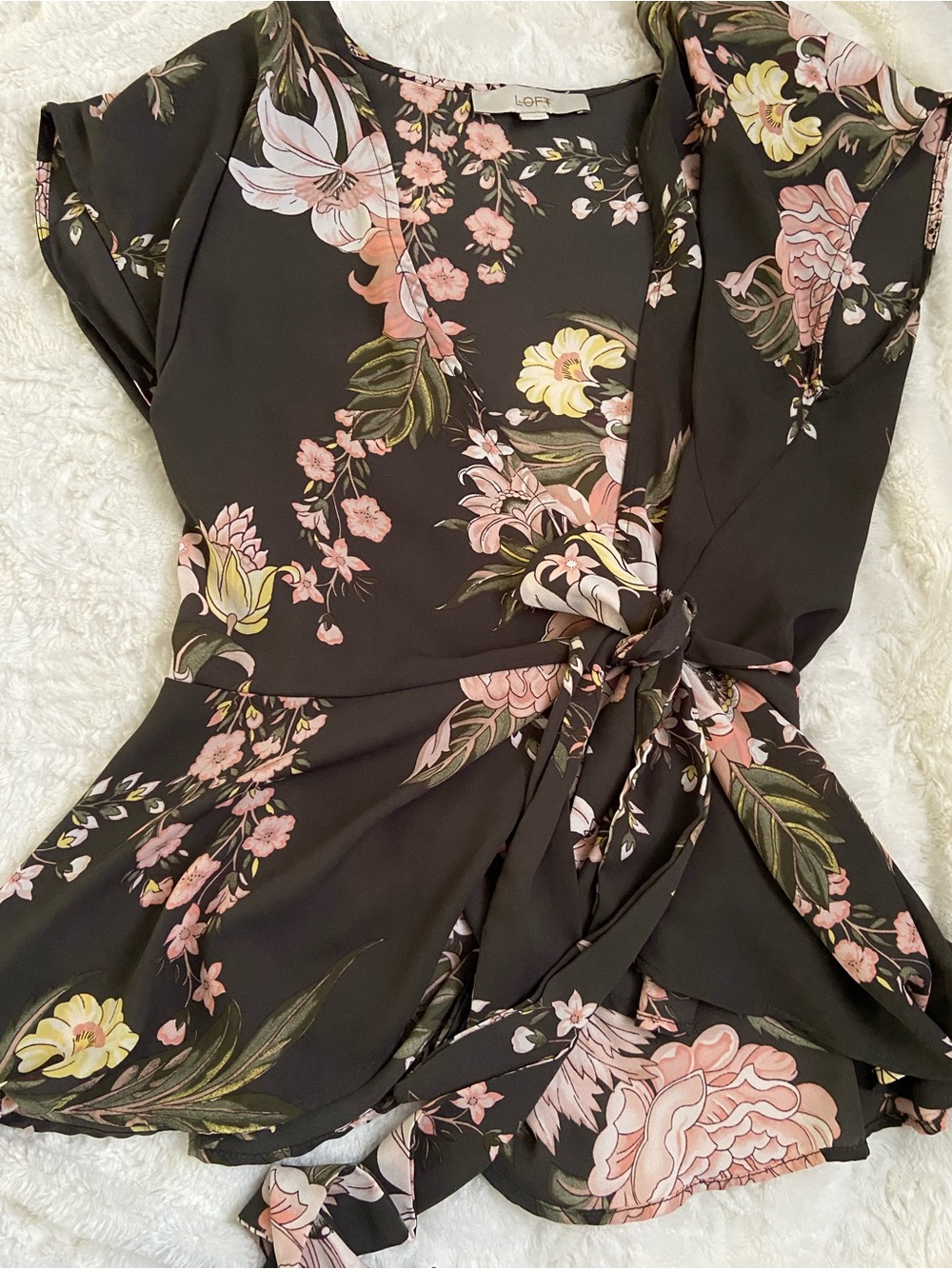 LOFT Floral Wrap blouse with Pink & Yellow Blooms